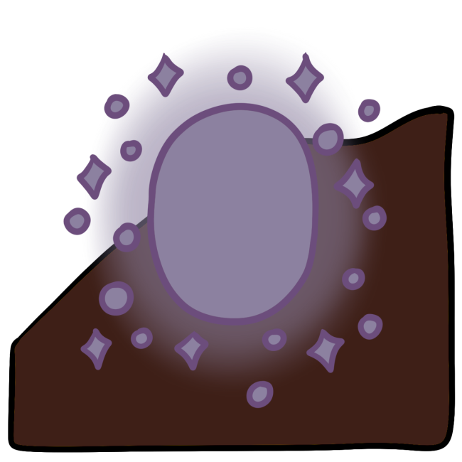 A light purple glowing oval with little diamond and dot bits around the edge. Curved dark brown skin fills the bottom half of the background.